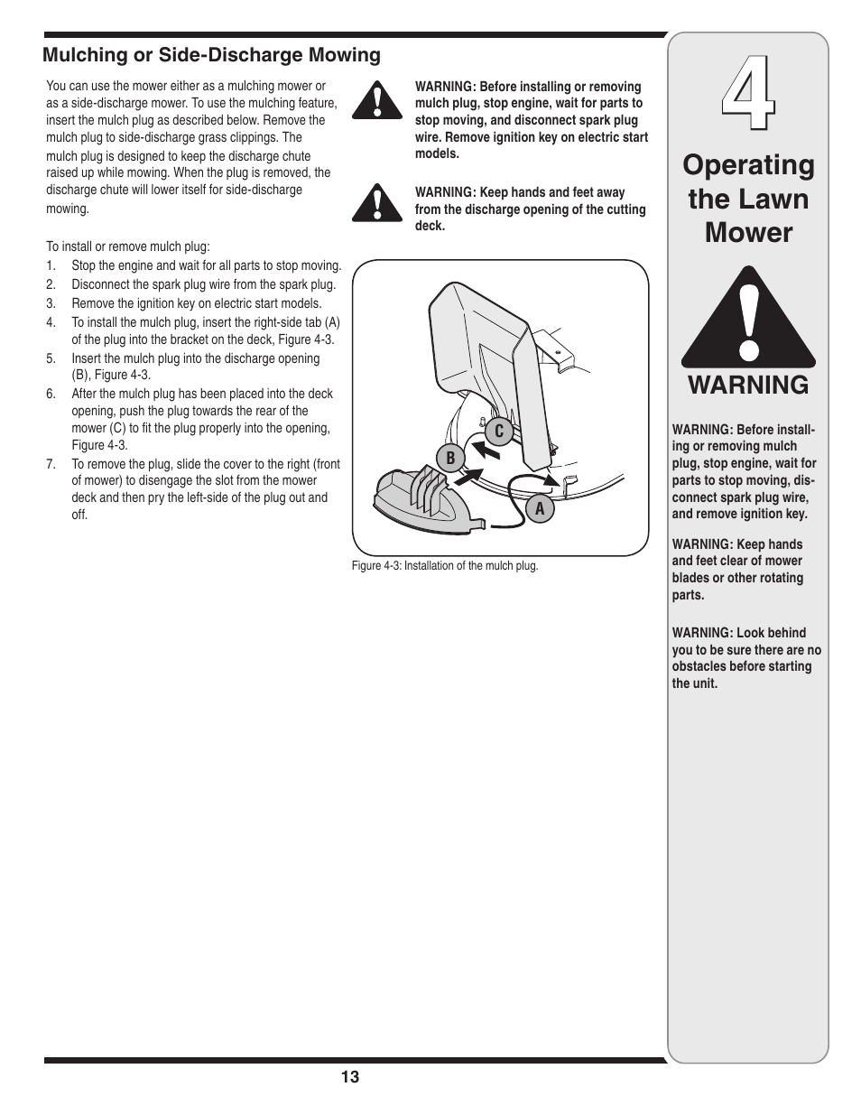 Operating the lawn mower, Warning | Cub Cadet Time Save User Manual | Page 13 / 28