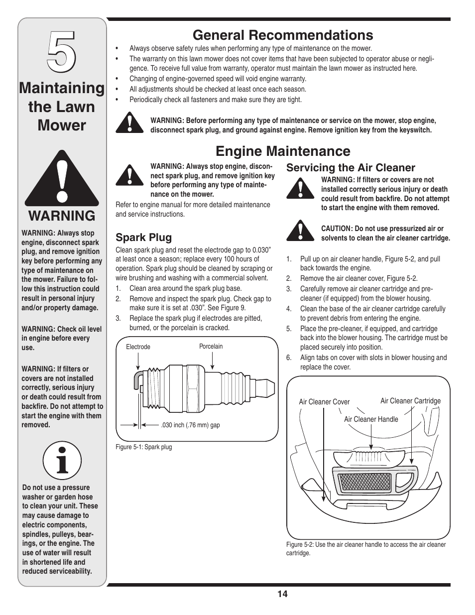 Maintaining the lawn mower, General recommendations, Warning | Engine maintenance | Cub Cadet Time Save User Manual | Page 14 / 28