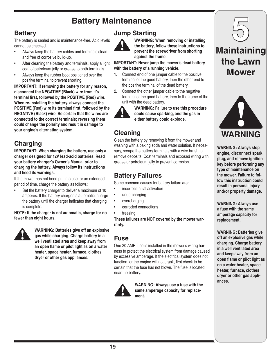 Maintaining the lawn mower, Warning, Battery maintenance | Cub Cadet Time Save User Manual | Page 19 / 28