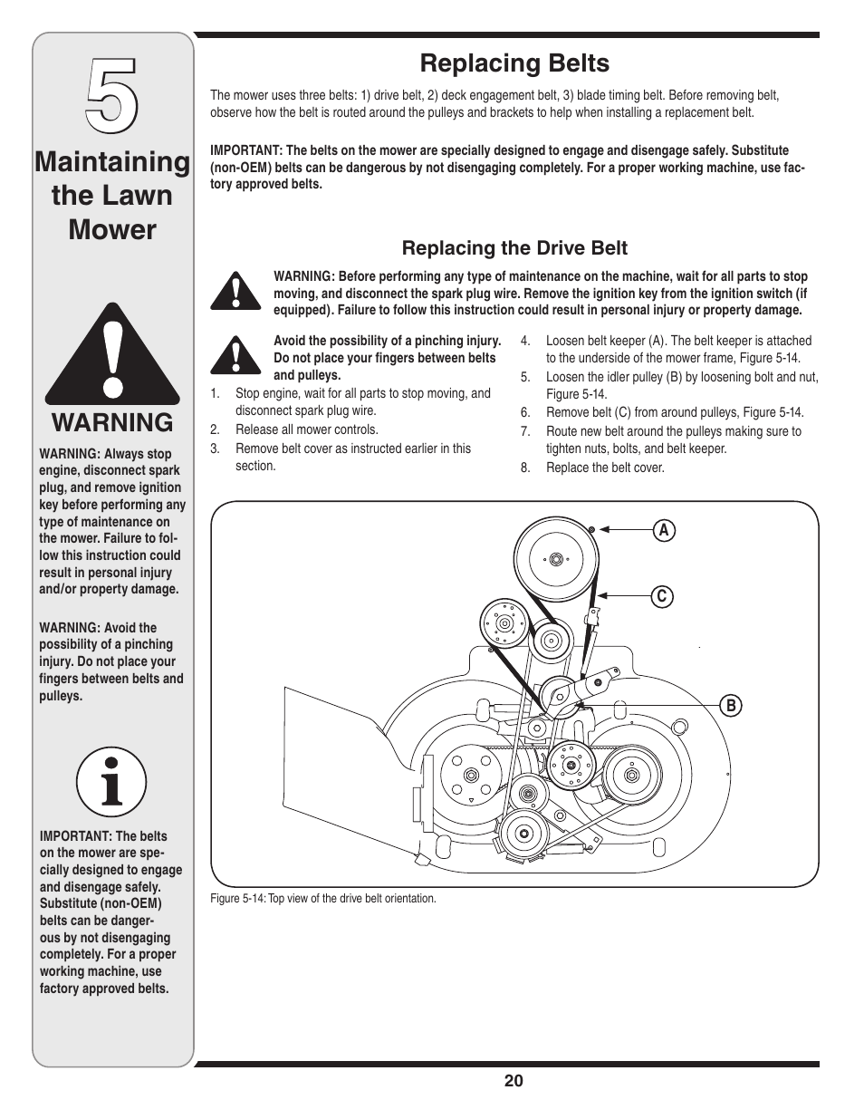 Maintaining the lawn mower, Warning, Replacing belts | Cub Cadet Time Save User Manual | Page 20 / 28