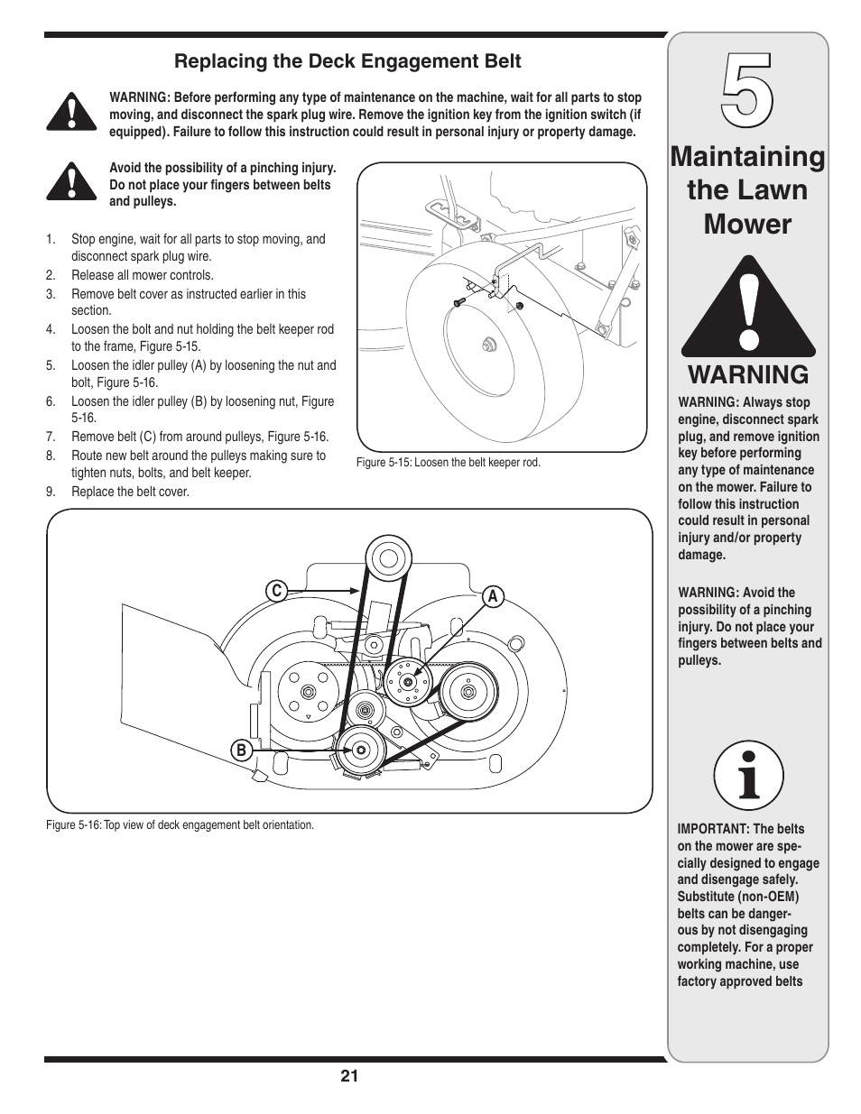 Maintaining the lawn mower, Warning | Cub Cadet Time Save User Manual | Page 21 / 28