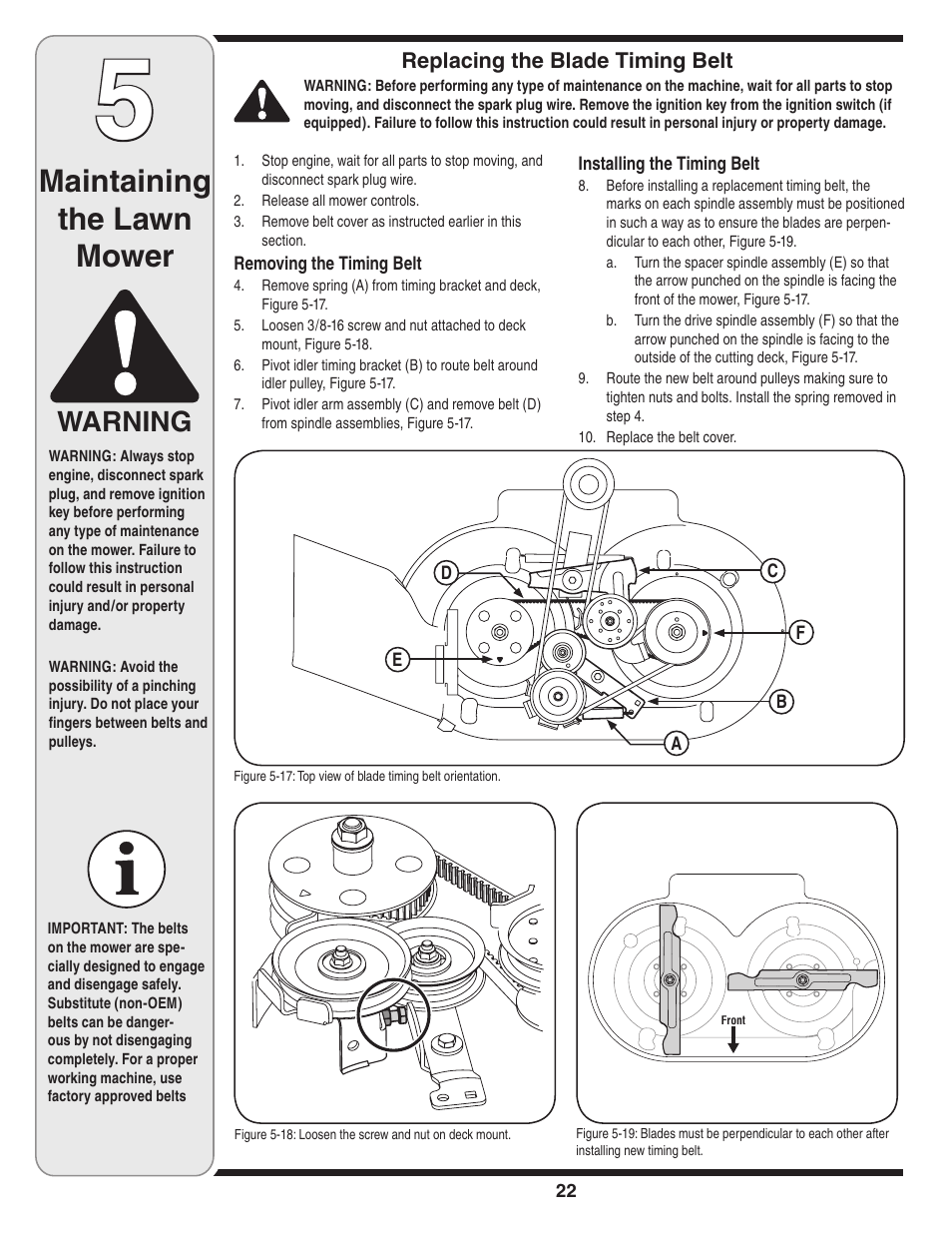 Maintaining the lawn mower, Warning | Cub Cadet Time Save User Manual | Page 22 / 28
