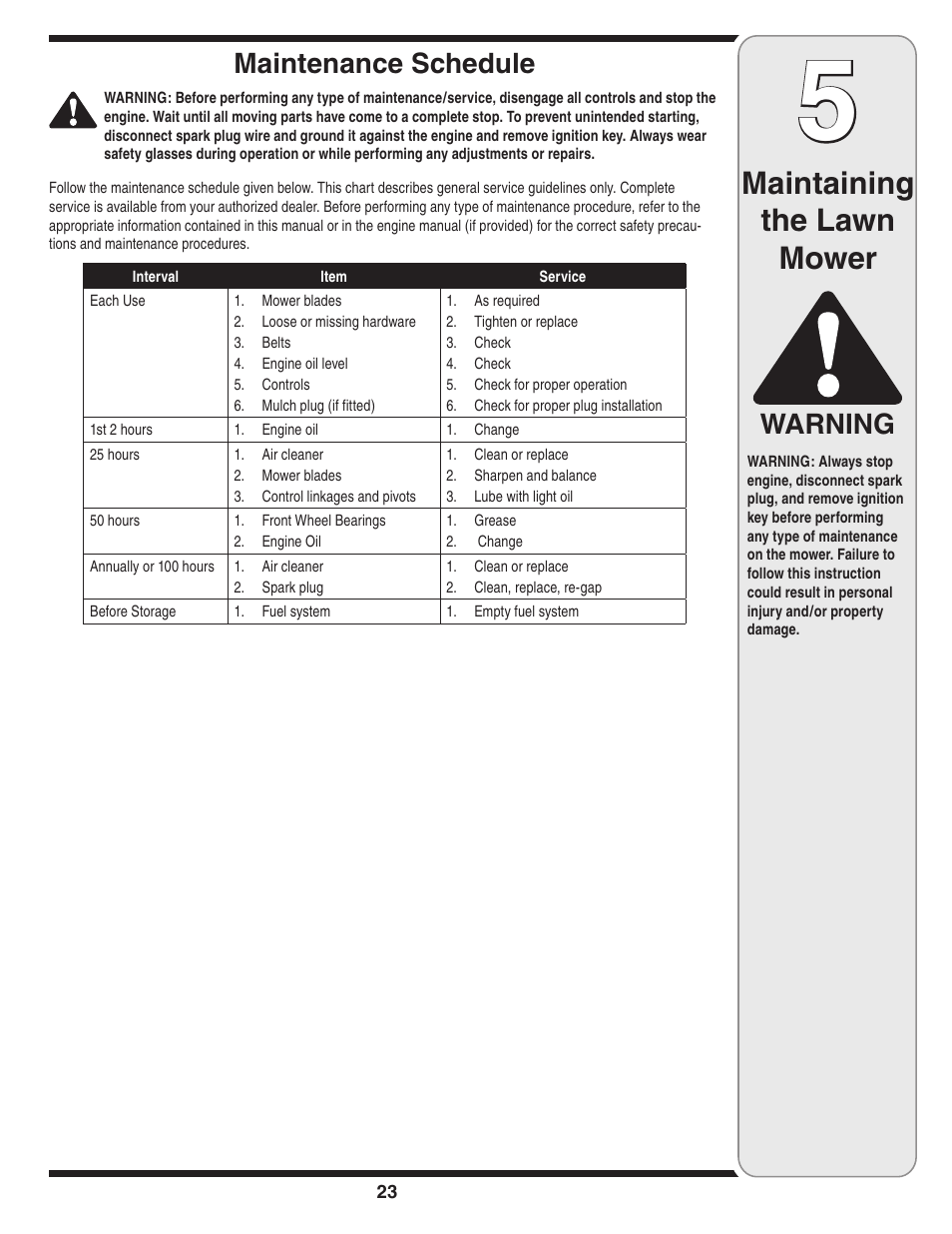 Maintaining the lawn mower, Warning, Maintenance schedule | Cub Cadet Time Save User Manual | Page 23 / 28