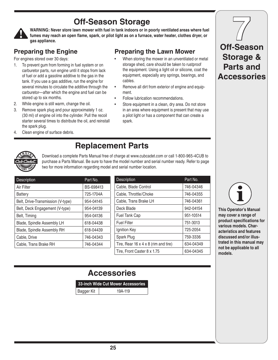 Off-season storage & parts and accessories, Off-season storage replacement parts, Accessories | Preparing the engine, Preparing the lawn mower | Cub Cadet Time Save User Manual | Page 25 / 28