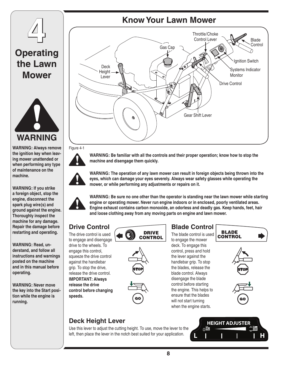 Operating the lawn mower, Warning, Know your lawn mower | Cub Cadet Time Save User Manual | Page 8 / 28