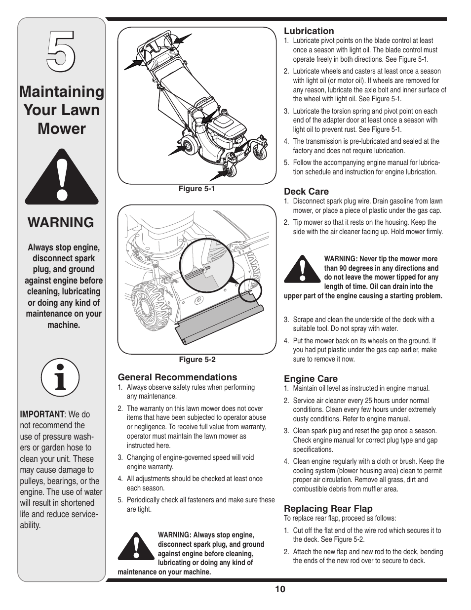 Maintaining your lawn mower, Warning | Cub Cadet 990 User Manual | Page 10 / 24