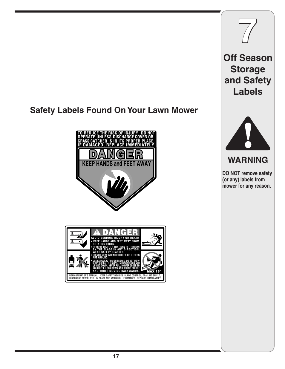 Off season storage and safety labels, Warning, Safety labels found on your lawn mower | Cub Cadet 990 User Manual | Page 17 / 24