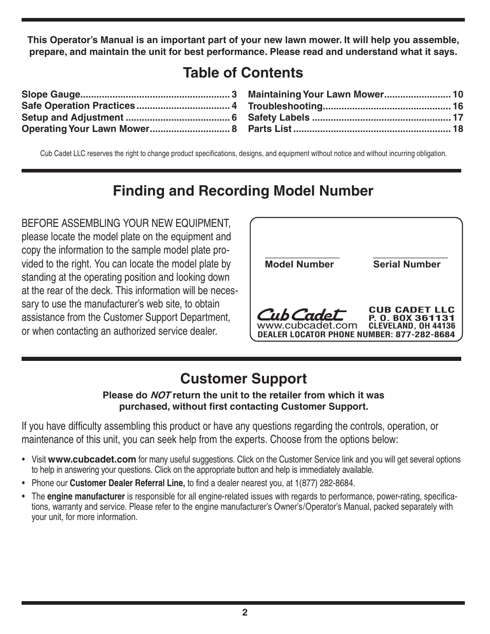 Customer support | Cub Cadet 990 User Manual | Page 2 / 24