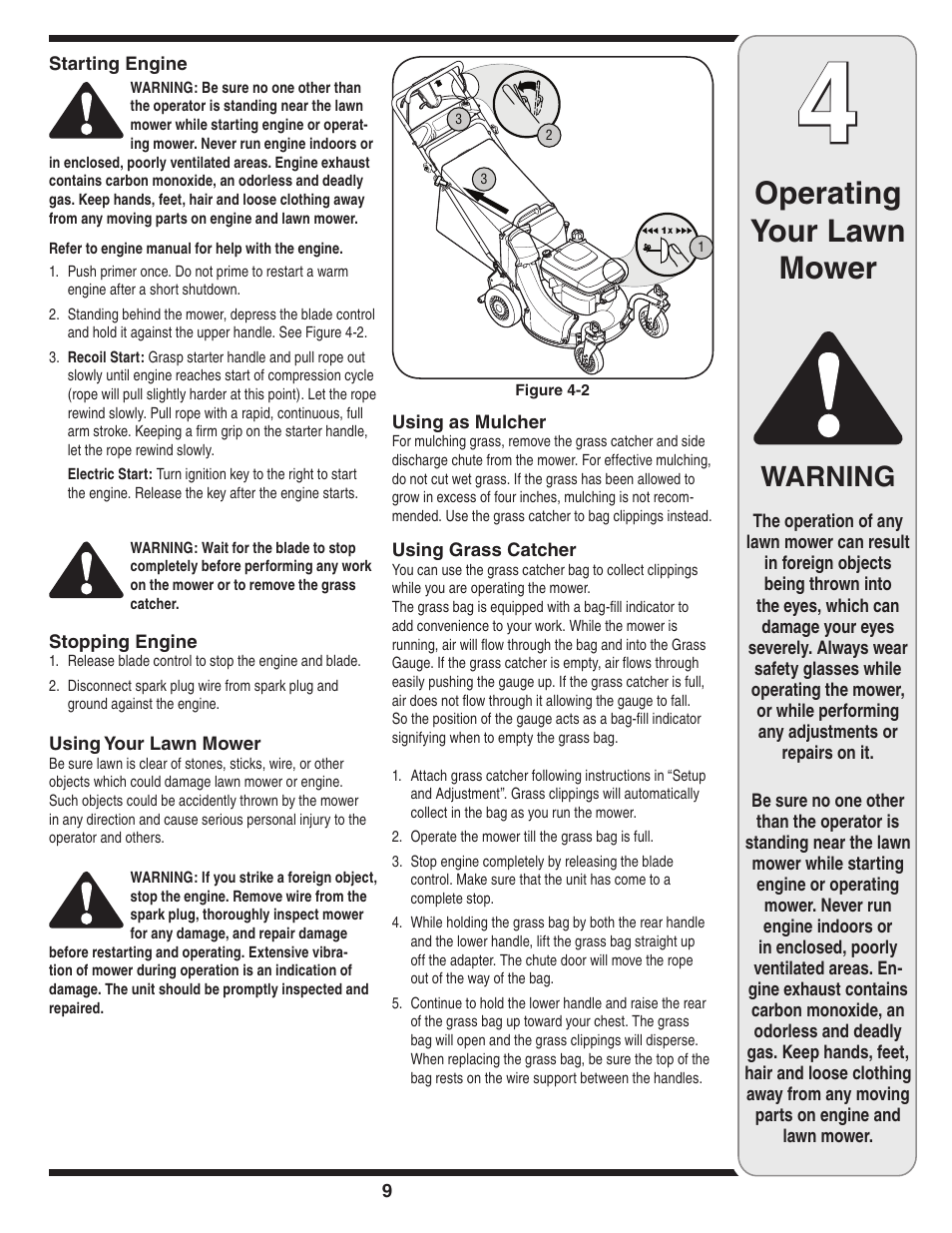 Operating your lawn mower, Warning | Cub Cadet 990 User Manual | Page 9 / 24