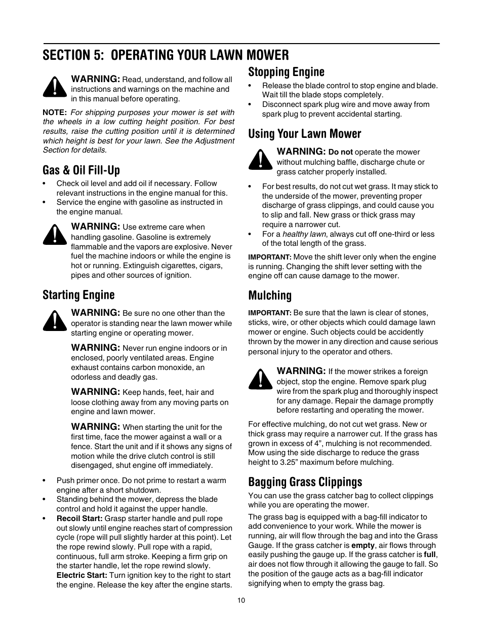 Section 5: operating your lawn mower, Gas & oil fill-up, Starting engine | Stopping engine, Using your lawn mower, Mulching, Bagging grass clippings | Cub Cadet 997 User Manual | Page 10 / 36