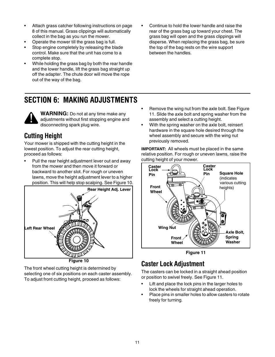 Section 6: making adjustments, Cutting height, Caster lock adjustment | Cub Cadet 997 User Manual | Page 11 / 36