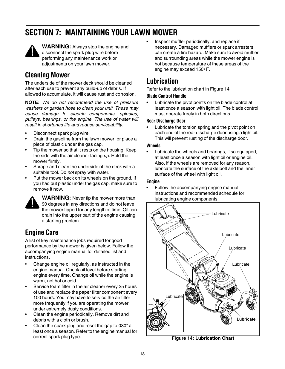 Section 7: maintaining your lawn mower, Cleaning mower, Engine care | Lubrication | Cub Cadet 997 User Manual | Page 13 / 36