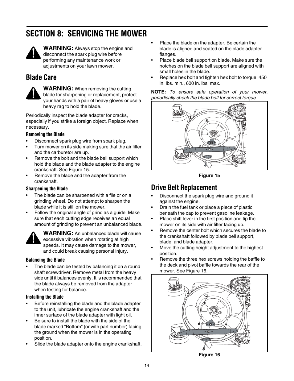 Section 8: servicing the mower, Blade care, Drive belt replacement | Cub Cadet 997 User Manual | Page 14 / 36