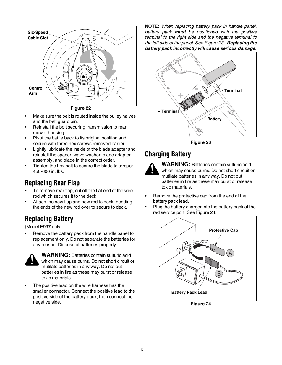 Replacing rear flap, Replacing battery, Charging battery | E figure 22 | Cub Cadet 997 User Manual | Page 16 / 36