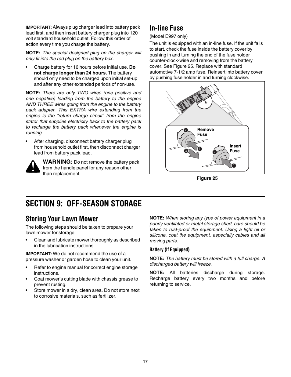 In-line fuse, Section 9: off-season storage, Storing your lawn mower | Cub Cadet 997 User Manual | Page 17 / 36