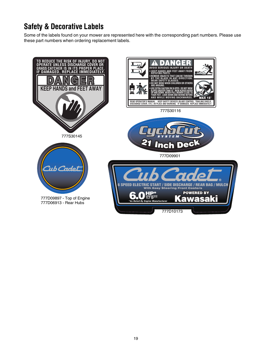 Safety & decorative labels | Cub Cadet 997 User Manual | Page 19 / 36