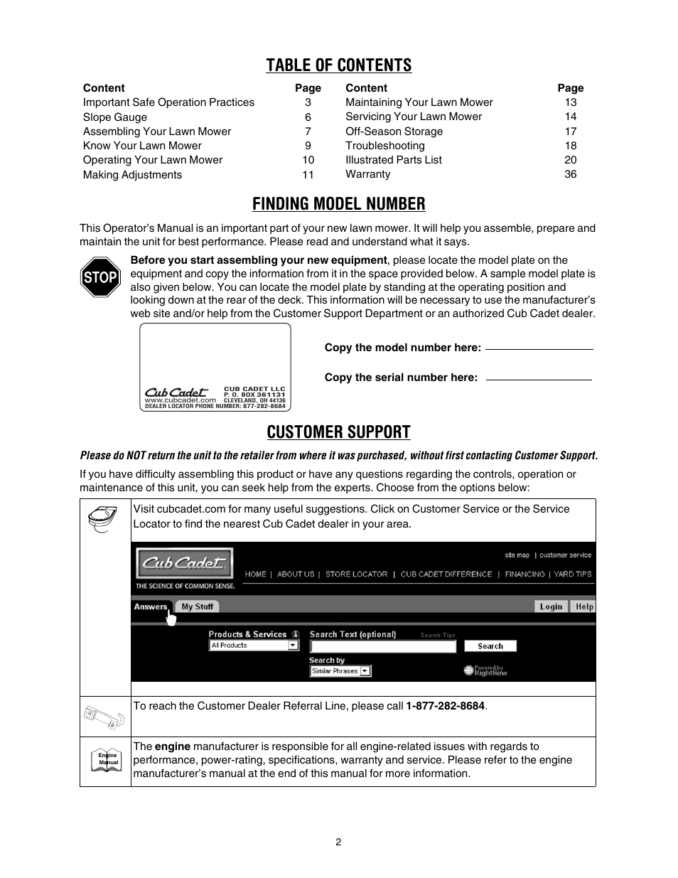 Table of contents finding model number, Customer support | Cub Cadet 997 User Manual | Page 2 / 36