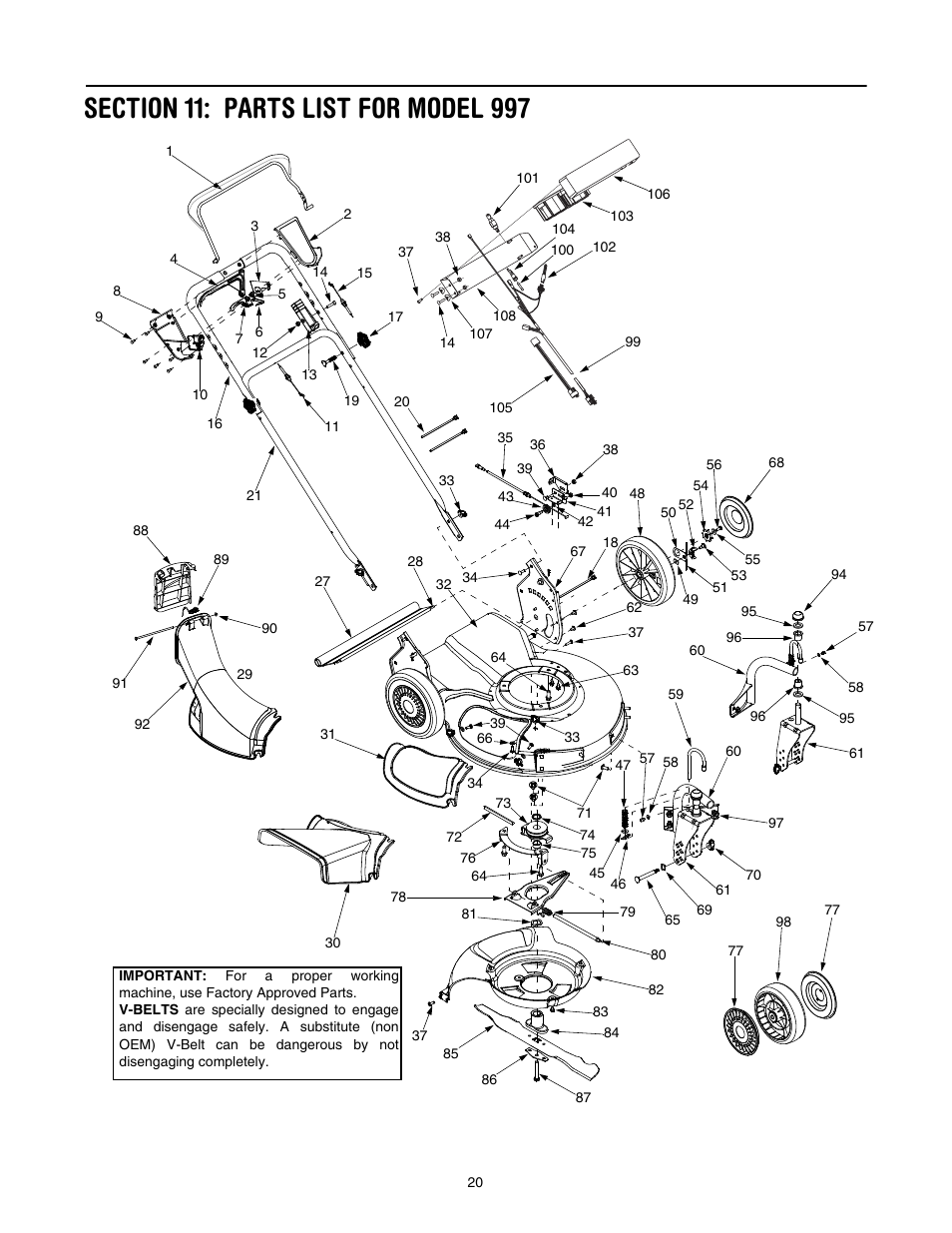 Section 11: parts list for model 997 | Cub Cadet 997 User Manual | Page 20 / 36