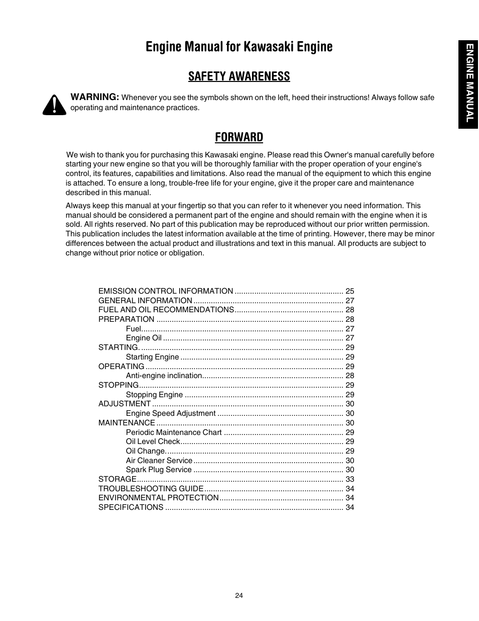 Engine manual for kawasaki engine, Safety awareness forward | Cub Cadet 997 User Manual | Page 24 / 36
