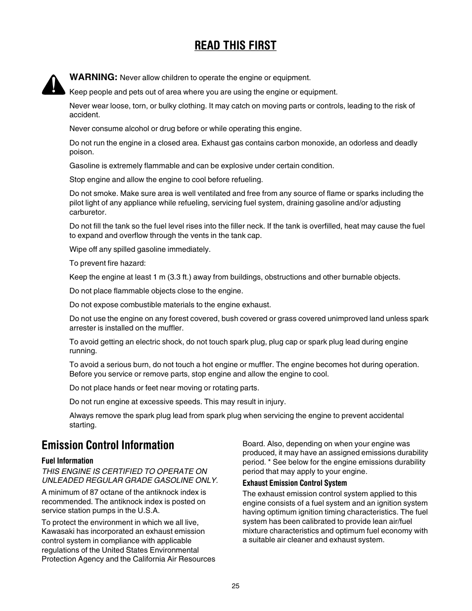 Emission control information, Read this first emission control information | Cub Cadet 997 User Manual | Page 25 / 36