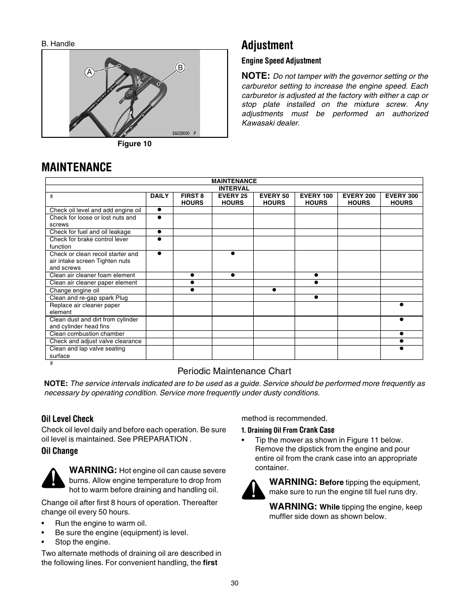 Adjustment, Maintenance, Oil level check | Oil change, Periodic maintenance chart, Warning, Engine speed adjustment, Crank case | Cub Cadet 997 User Manual | Page 30 / 36