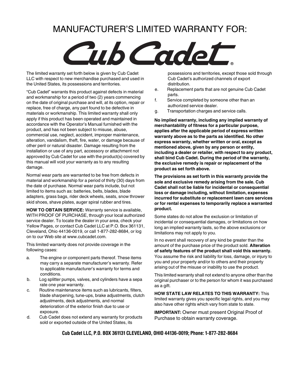 Manufacturer’s limited warranty for | Cub Cadet 997 User Manual | Page 36 / 36