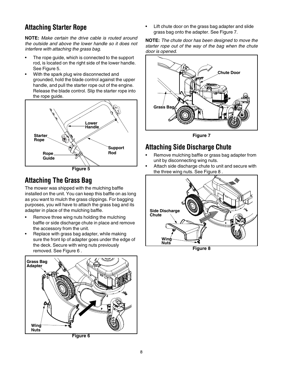 Attaching starter rope, Attaching the grass bag, Attaching side discharge chute | Cub Cadet 997 User Manual | Page 8 / 36