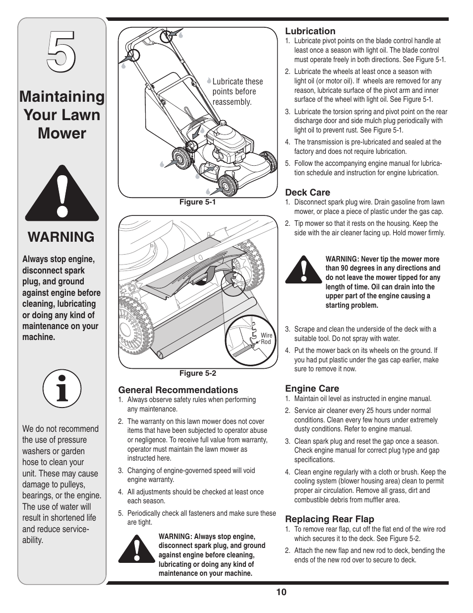 Maintaining your lawn mower, Warning | Cub Cadet V469 User Manual | Page 10 / 20