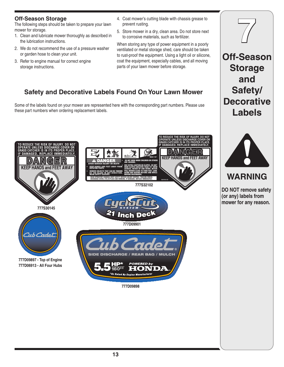 Off-season storage and safety/ decorative labels, Warning | Cub Cadet V469 User Manual | Page 13 / 20