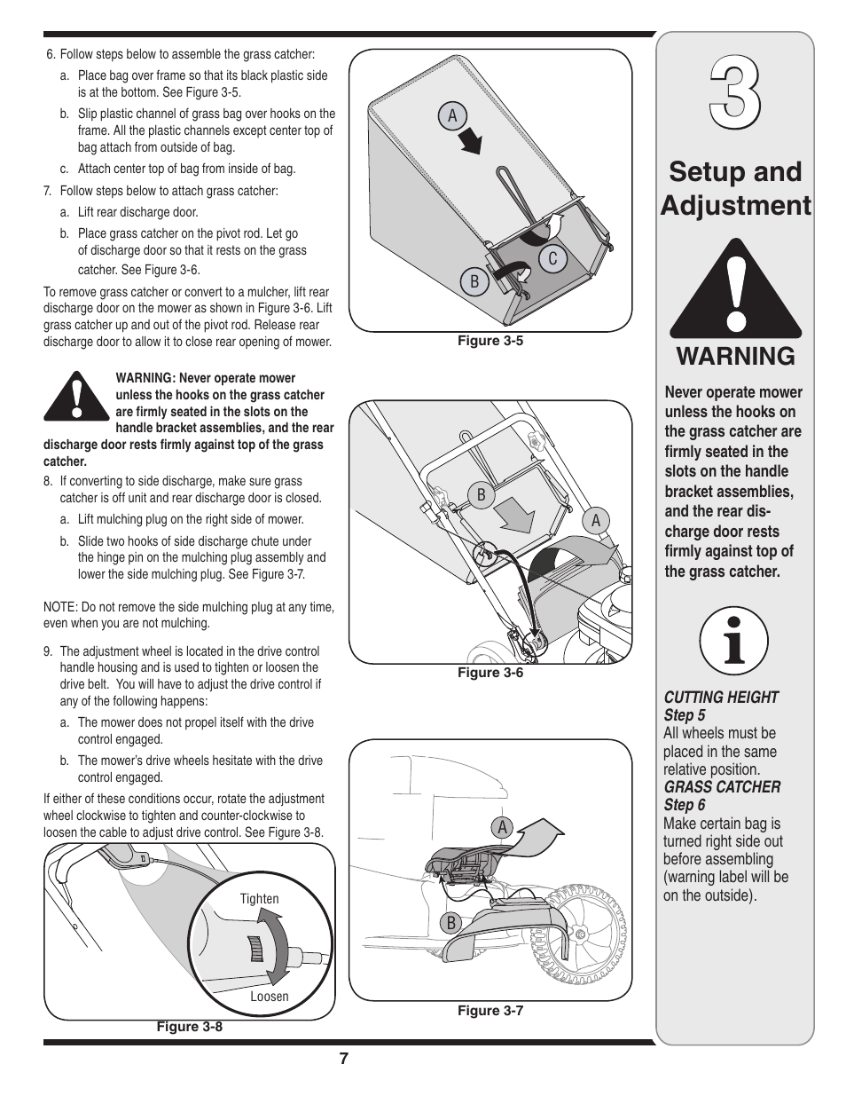 Setup and adjustment, Warning | Cub Cadet V469 User Manual | Page 7 / 20