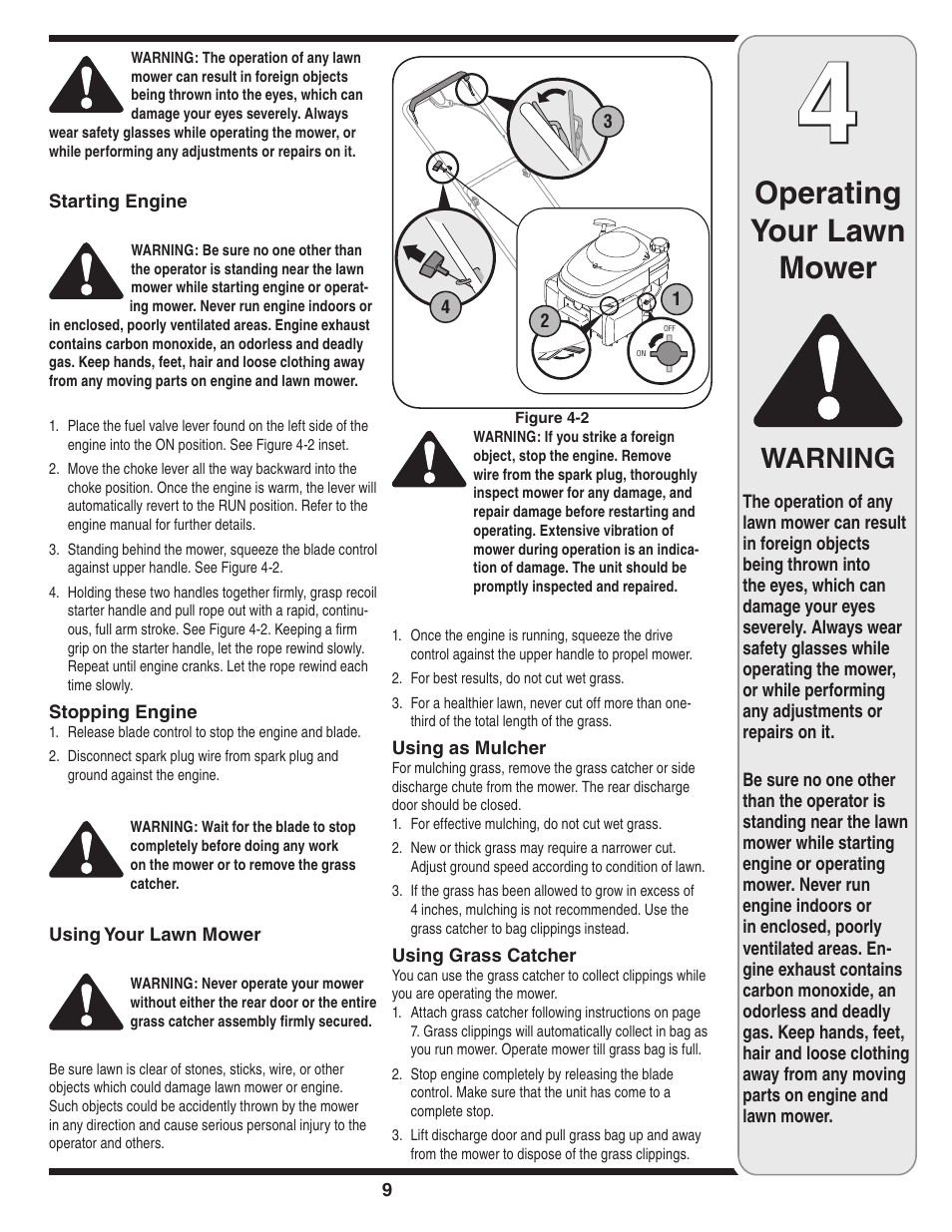 Operating your lawn mower, Warning | Cub Cadet V469 User Manual | Page 9 / 20