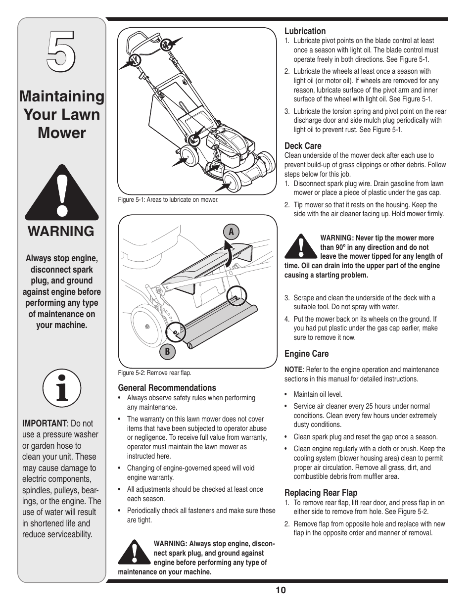 Maintaining your lawn mower, Warning | Cub Cadet 18M User Manual | Page 10 / 32