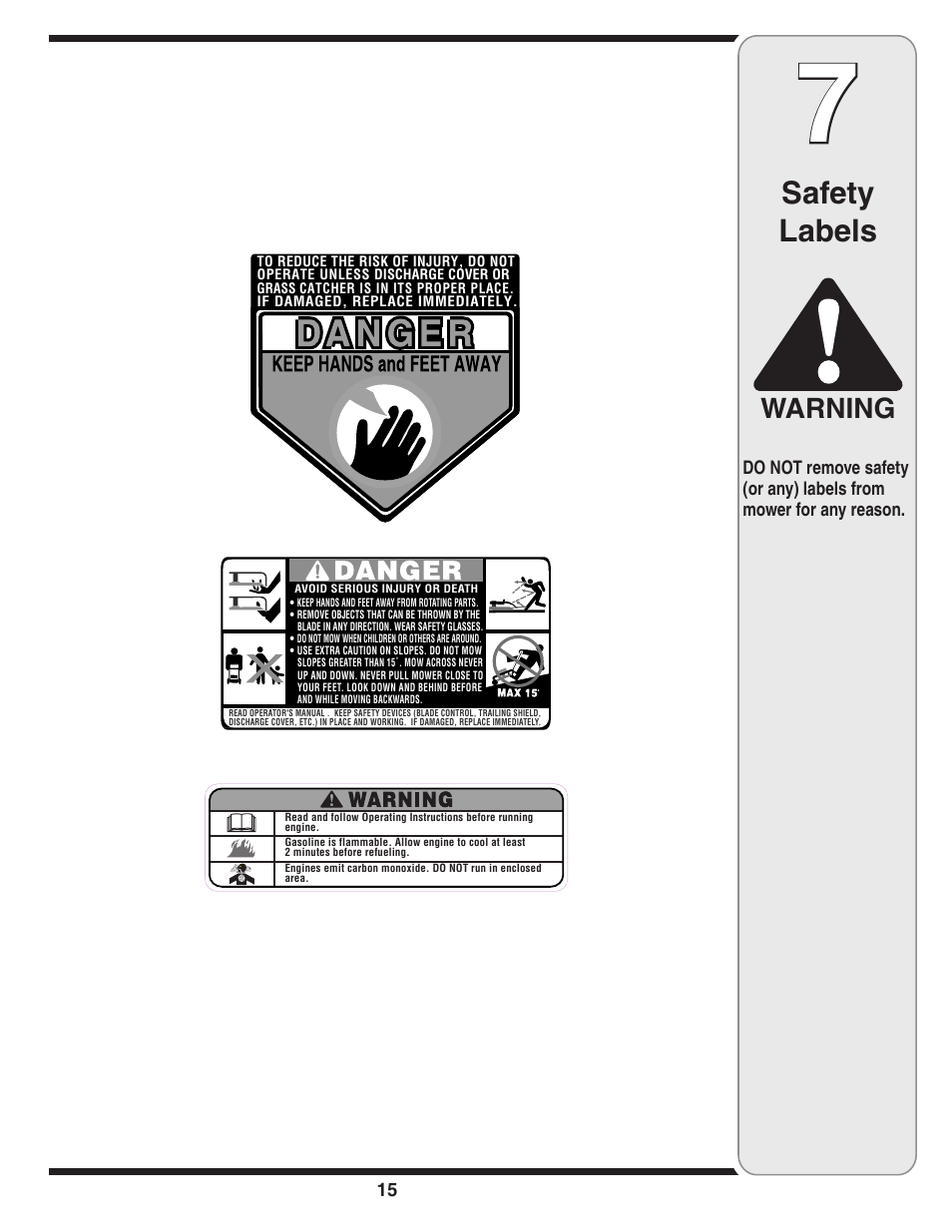 Safety labels, Warning | Cub Cadet 18M User Manual | Page 15 / 32