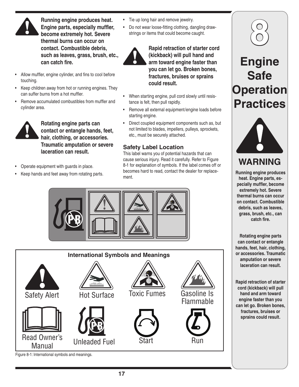 Engine safe operation practices, Warning | Cub Cadet 18M User Manual | Page 17 / 32