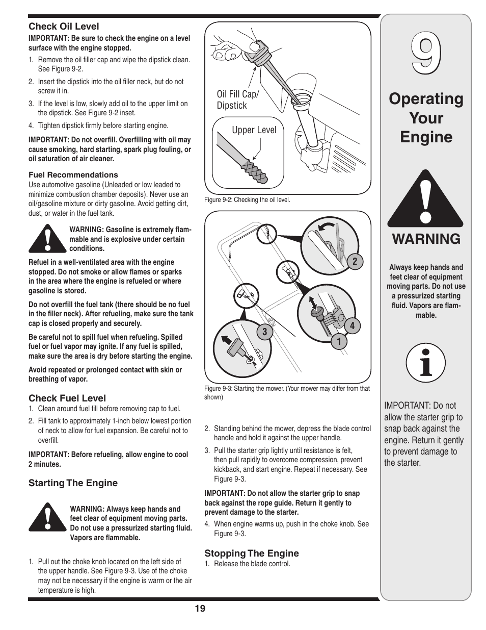 Operating your engine, Warning | Cub Cadet 18M User Manual | Page 19 / 32