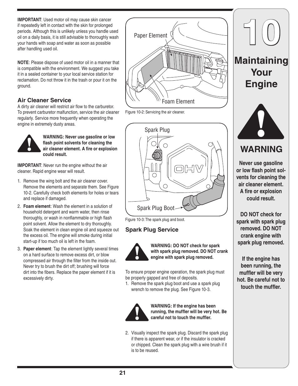 Maintaining your engine, Warning | Cub Cadet 18M User Manual | Page 21 / 32