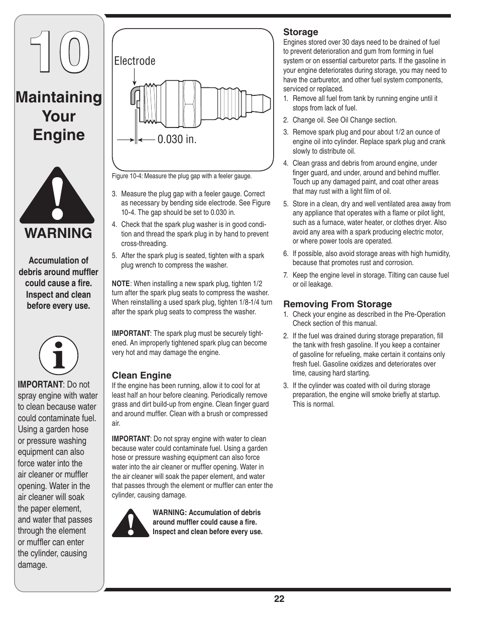 Maintaining your engine, Warning | Cub Cadet 18M User Manual | Page 22 / 32