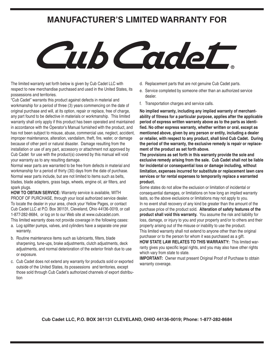 Manufacturer’s limited warranty for | Cub Cadet 18M User Manual | Page 32 / 32