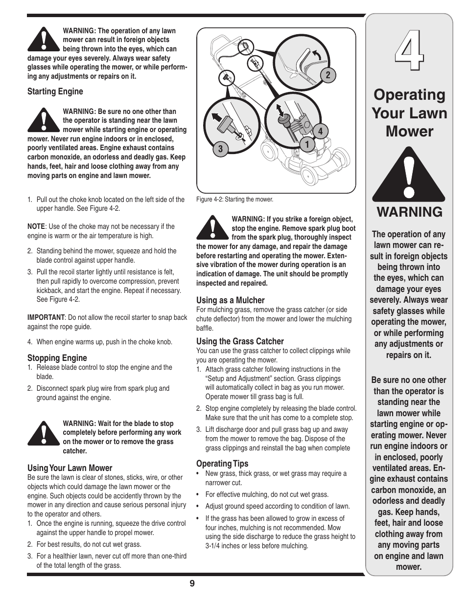 Operating your lawn mower, Warning | Cub Cadet 18M User Manual | Page 9 / 32