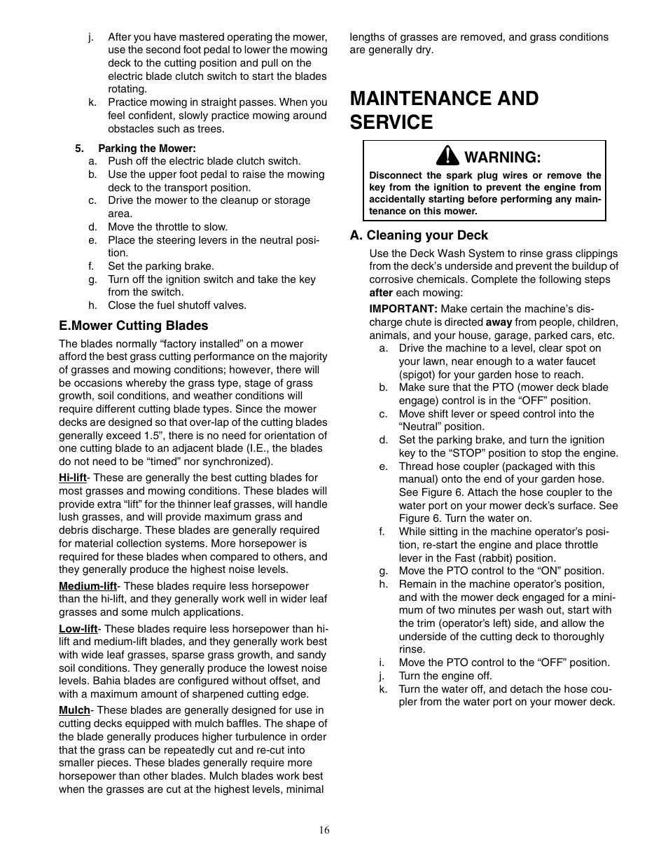 Maintenance and service, Warning | Cub Cadet 6 Fabricated Deck User Manual | Page 16 / 32