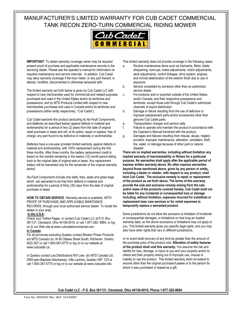 Cub Cadet 6 Fabricated Deck User Manual | Page 32 / 32