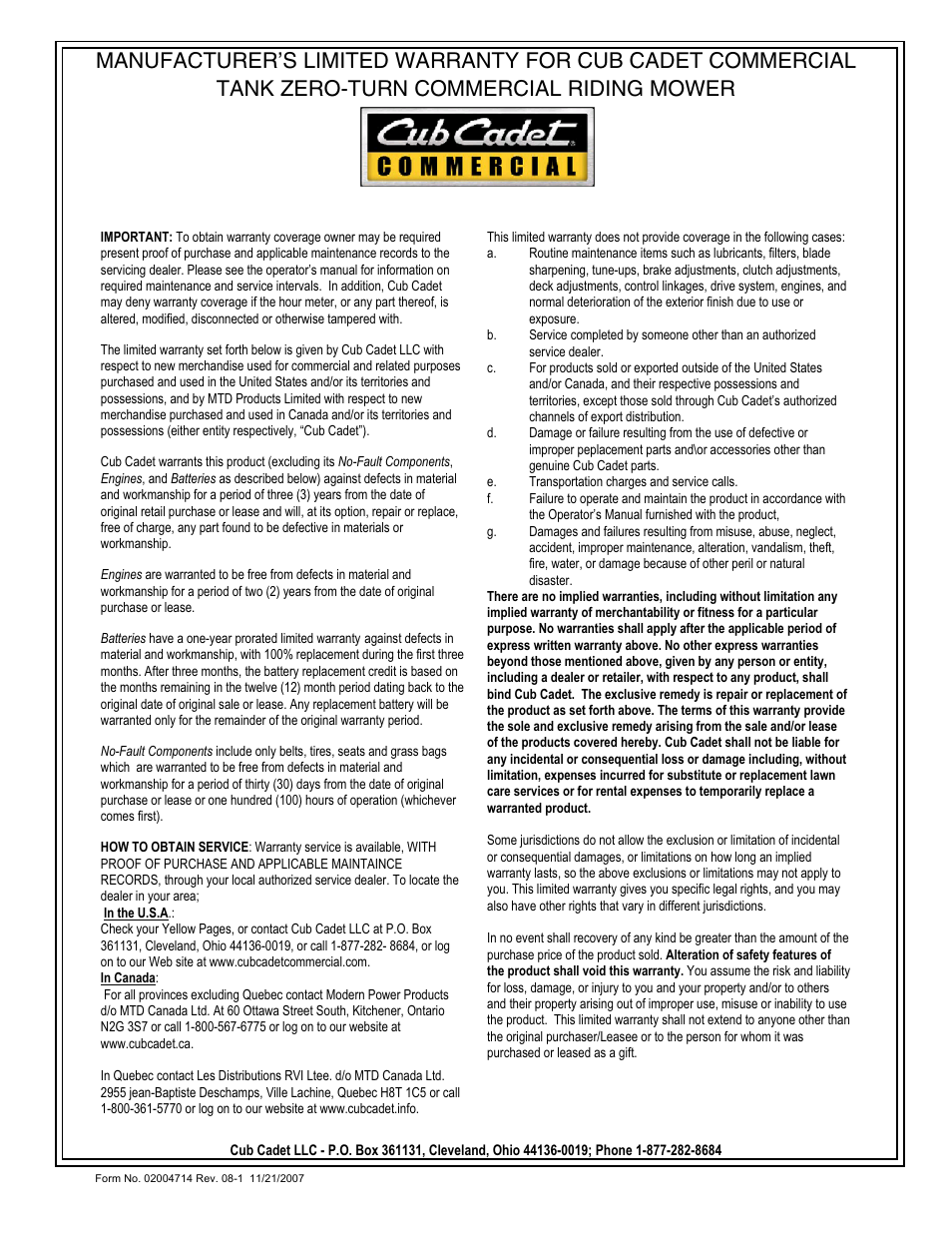 Cub Cadet 7 Fabricated Deck User Manual | Page 36 / 36