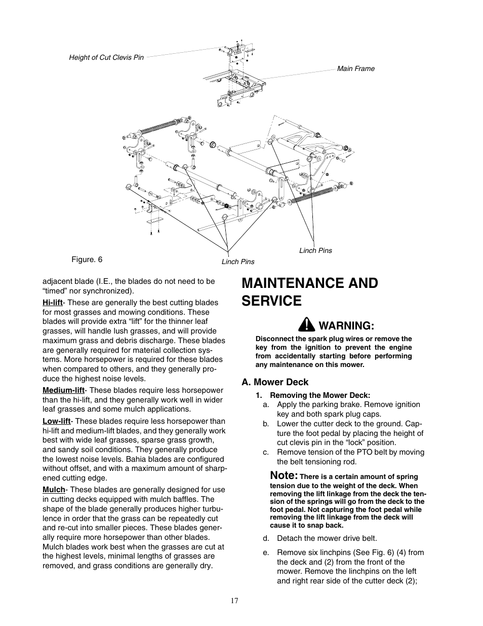 Maintenance and service, Warning | Cub Cadet 7 Fabricated Deck User Manual | Page 17 / 32