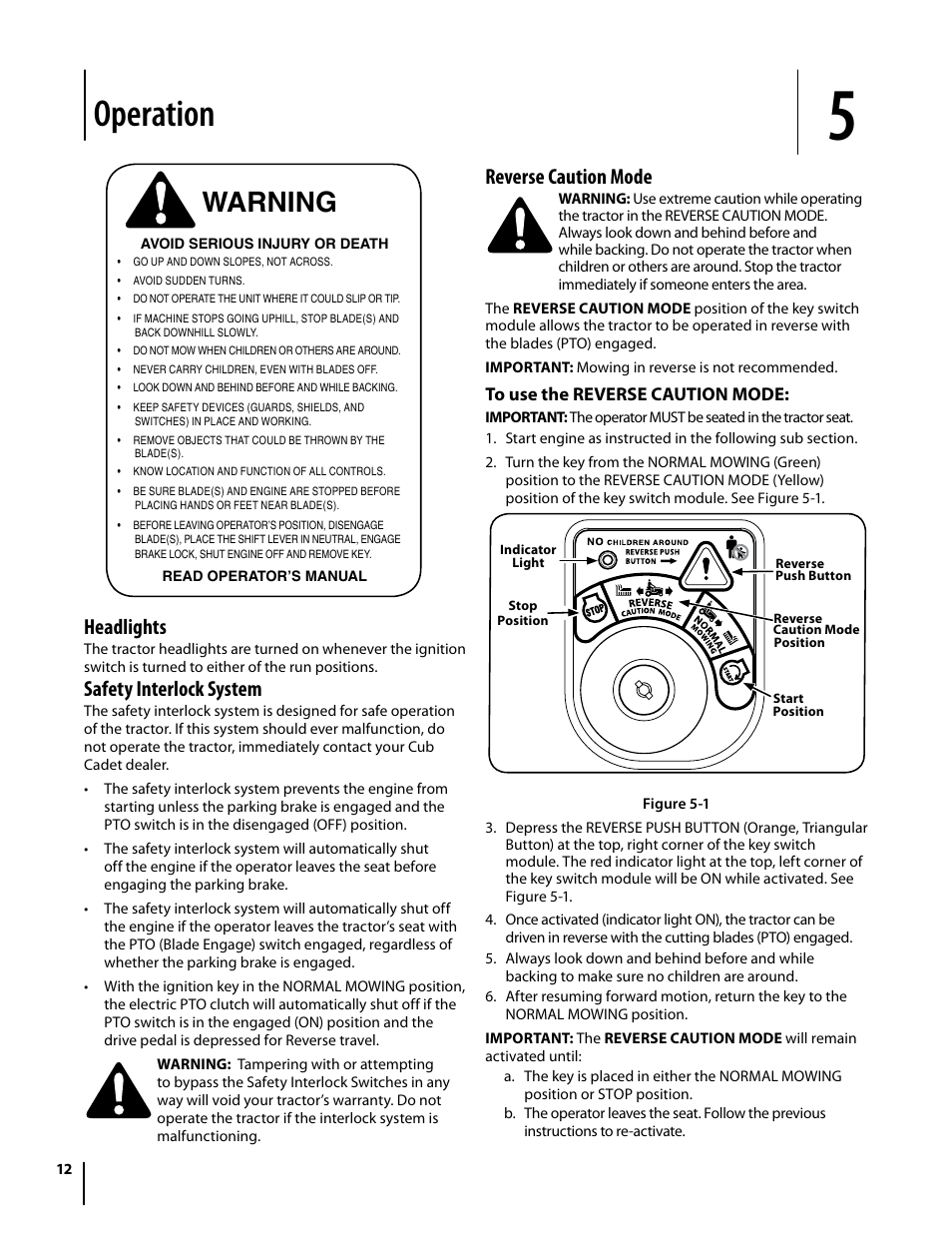 Operation, Warning, Headlights | Safety interlock system, Reverse caution mode | Cub Cadet I1042 User Manual | Page 12 / 56