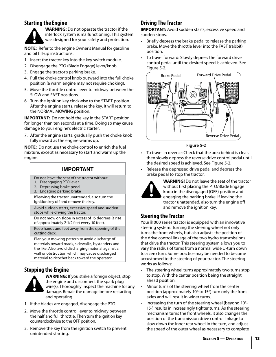 Starting the engine, Stopping the engine, Driving the tractor | Steering the tractor | Cub Cadet I1042 User Manual | Page 13 / 56