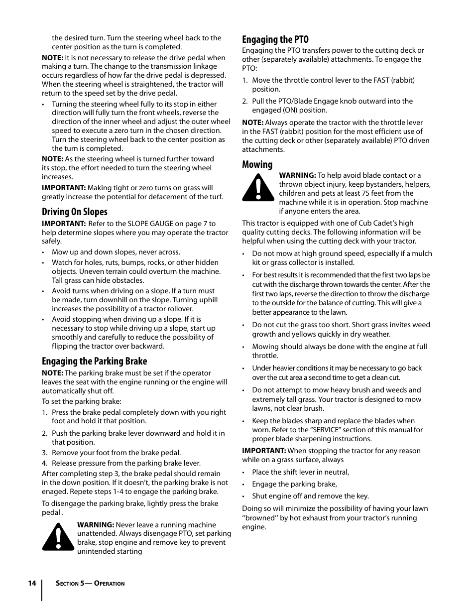 Driving on slopes, Engaging the parking brake, Engaging the pto | Mowing | Cub Cadet I1042 User Manual | Page 14 / 56