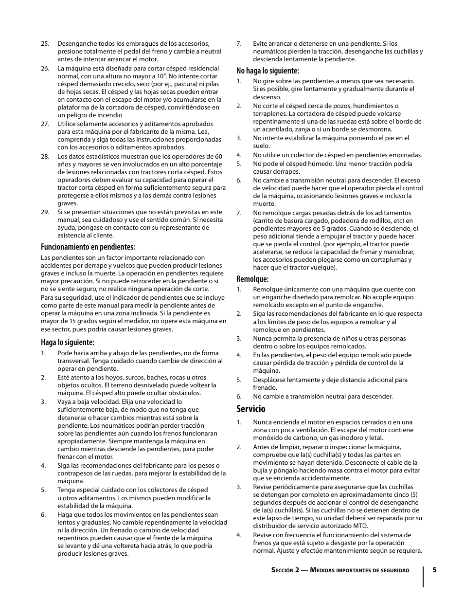 Servicio, Funcionamiento en pendientes, Haga lo siguiente | No haga lo siguiente, Remolque | Cub Cadet I1042 User Manual | Page 33 / 56