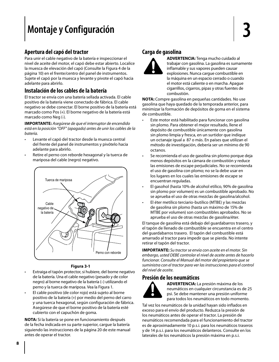 Montaje y configuración, Carga de gasolina, Presión de los neumáticos | Apertura del capó del tractor, Instalación de los cables de la batería | Cub Cadet I1042 User Manual | Page 36 / 56