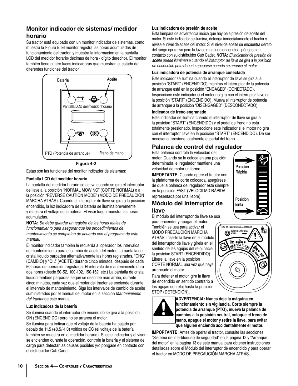Palanca de control del regulador, Módulo del interruptor de llave, Monitor indicador de sistemas/ medidor horario | 10 s, 4— c | Cub Cadet I1042 User Manual | Page 38 / 56