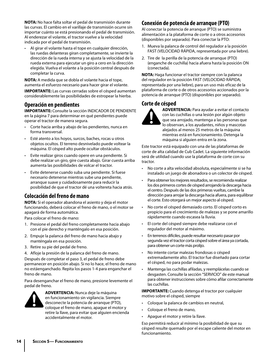 Operación en pendientes, Colocación del freno de mano, Conexión de potencia de arranque (pto) | Corte de césped | Cub Cadet I1042 User Manual | Page 42 / 56